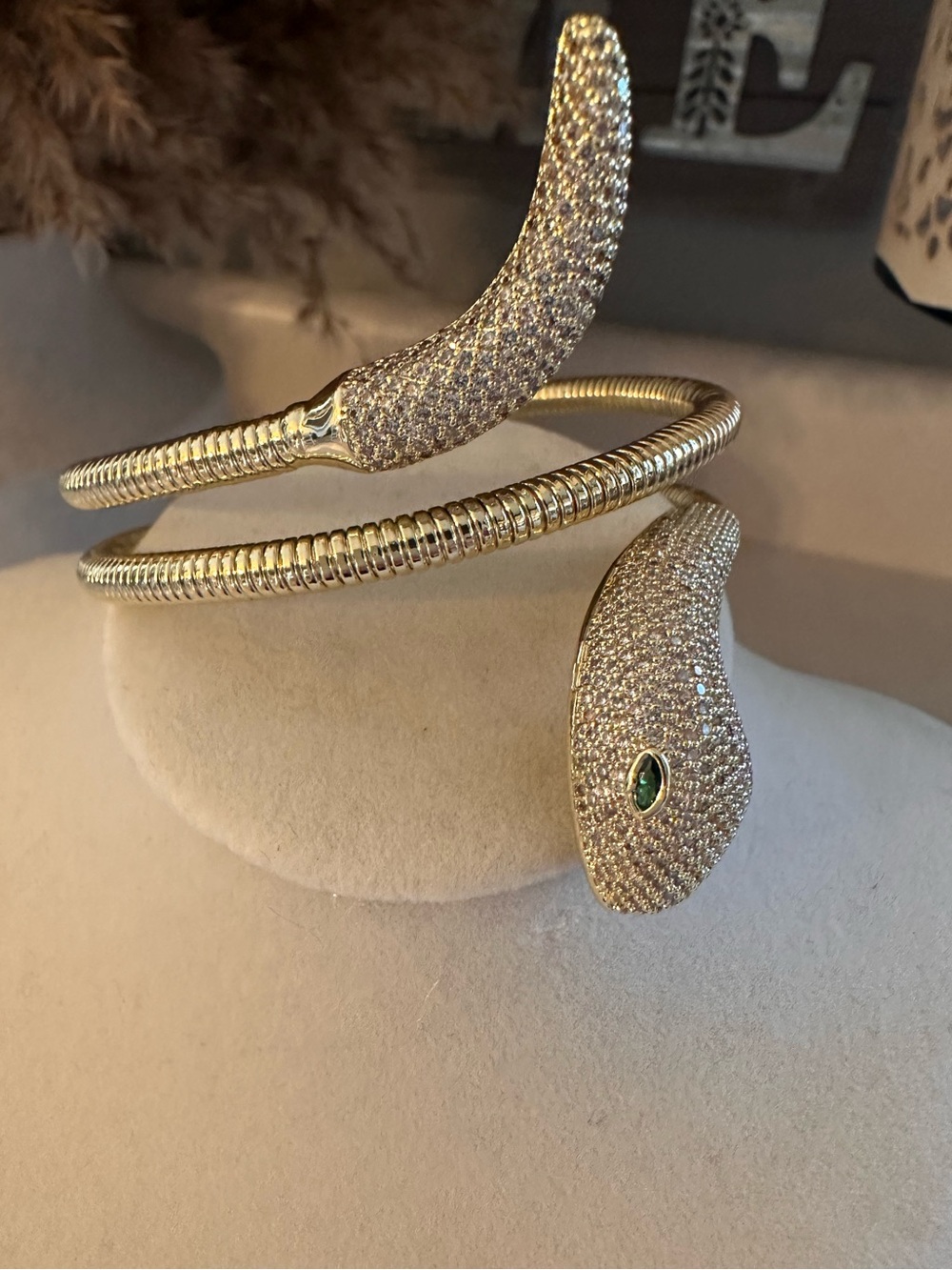 Gold Snake Coil Reptile Bracelet/Arm Band with Green Eye